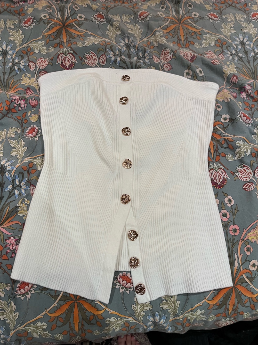 Strapless White Ribbed Button-Front Tube Top